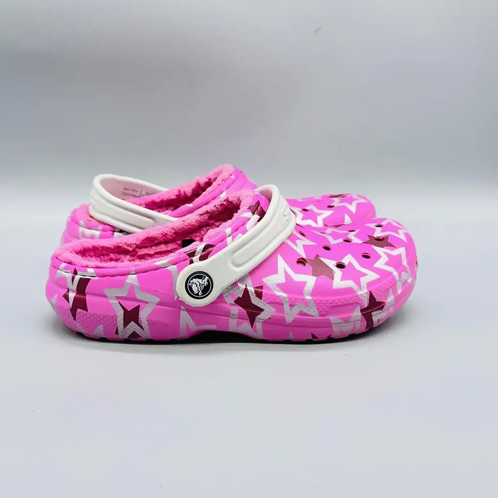 Crocs Shoes Girls 3 Pink Star Classic Lined Fuzzy Clog Slip On Winter Comfort
